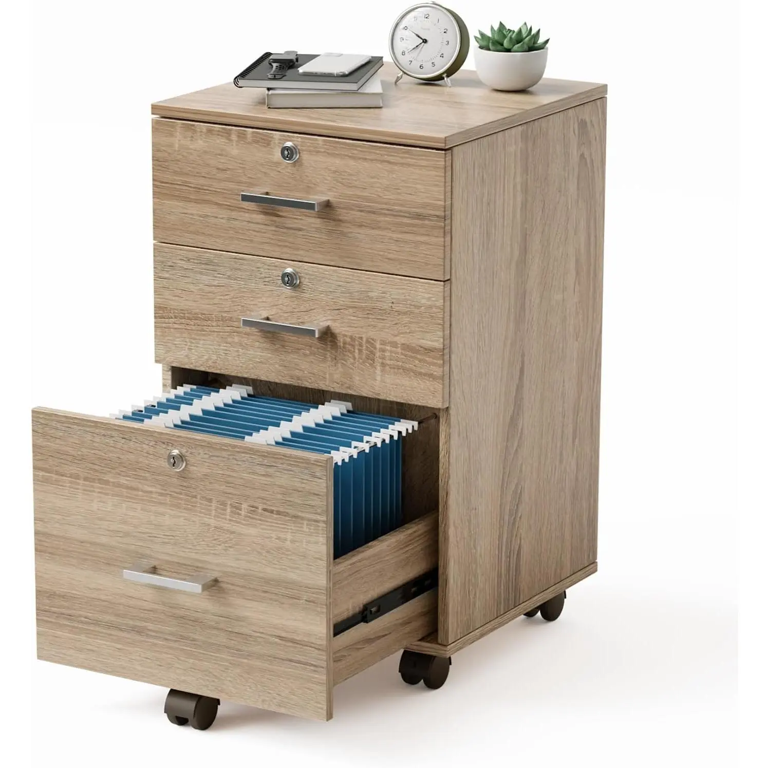 VINGLI Oak & MDF Wood Rolling Filing Cabinet with Wheel Lock - 26"H Under Desk Office Furniture, Mobile Printer Stand for Drawers Desks & Workstations