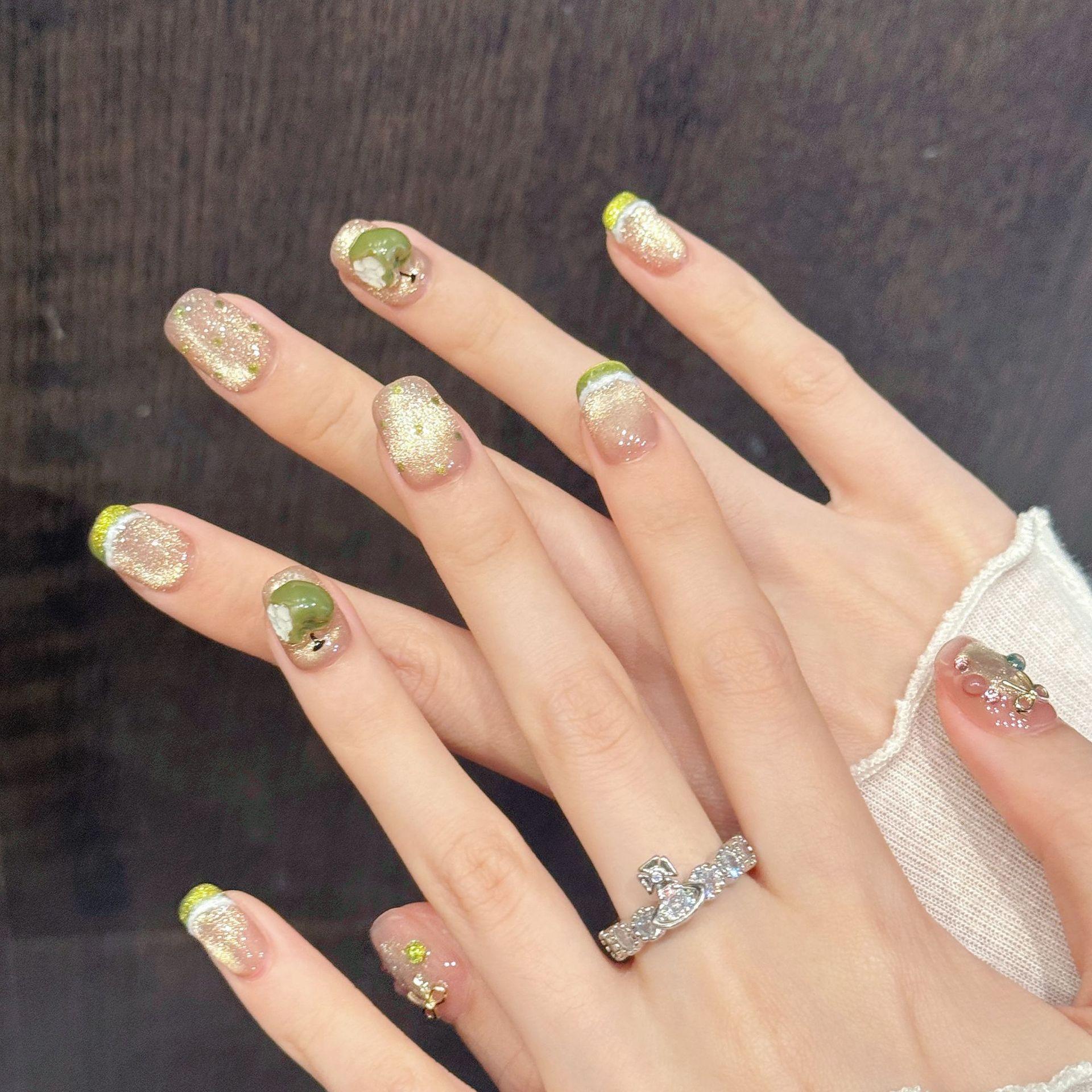 【Lucy UU】New 2 Styles Sweet Short Square Press On Nails 3D Bow Green Apple Charm Design Handmade Reusable Cute Fake Nail For Women Girls 【Lucy UU】New 2 Styles Sweet Short Square Press On Nails 3D Bow Green Apple Charm Design Handmade Reusable Cute Fake Nail For Women Girls
