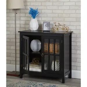 Phillips Accent Cabinet - Solid and Engineered Wood, Glass-Fronted Pane Doors, 31'' H x 32'' W x 15'' D, Ideal for Entryway, Family Room, Dining Room