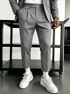 Vintage Waistband Double Pleat Suit Pants, Men's Fashion Casual Slim Fit, Business Essential, Luxury Cuffed Suit Pants