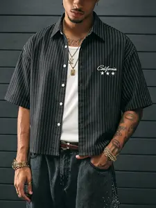 Men's Casual Plaid Shirt, Short Sleeve Loose-Fitting Cropped H-Type, California Streetwear Style, Fine Striped Button-Up Top