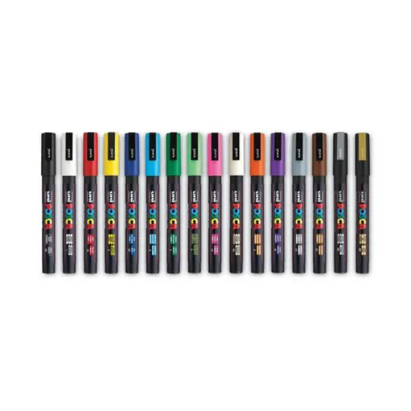 Uni-ball POSCA Alcohol-Free Permanent Fine Tip Art Markers, Layering Multi-Surface Assorted Color Office Writing Tool - Pack of 16