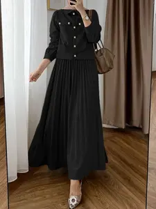 Women's Casual Suit, Long Sleeve Top + Skirt Set, High Waist, Loose-Fitting, Plain Pattern, Ideal for Daily Wear, All Seasons
