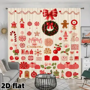 2D Flat 2Pcs Christmas Holiday Red Pattern Home Decoration Curtain, Festive Wreath Candy Cane Gingerbread Print, Semi Sheer Rod Pocket Design, Perfect for Living Room Bedroom Kitchen Window Treatment, Holiday Home Decor , Christmas Gift Choice