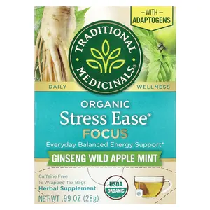 Traditional Medicinals Organic Stress Ease® Focus, Ginseng Wild Apple Mint, Caffeine Free, 16 Wrapped Tea Bags, 0.99 oz (28 g)