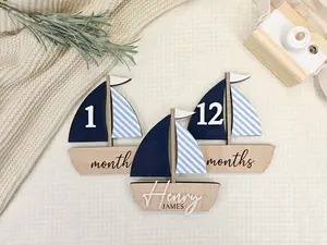 Wooden Sailboat Baby Milestone Markers with Name Sign – Nautical Monthly Photo Props