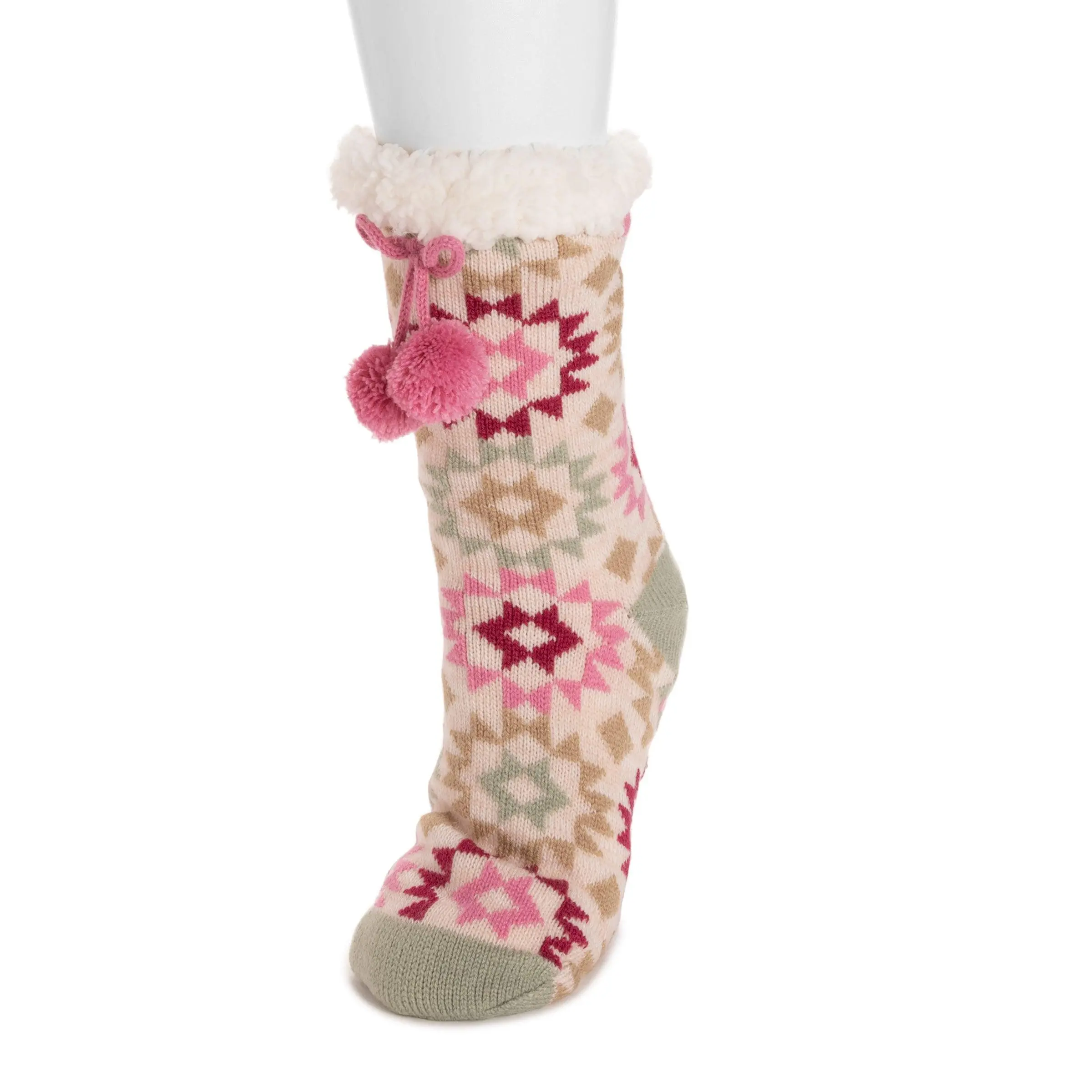 Women's 1-Pair Mid-Calf Fuzzy Sleep Socks - Soft Comfy Acrylic-Polyester Fur Blend Hosiery, Tassel Accent, Dot Design, Bleach-Free, Antislip, Aztec Cold-Weather Casual Footwear, Bleach-Free Mid-Calf Socks, Antislip Mid-Calf Socks