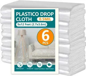 12x9ft Plastic Drop Cloths - Disposable Painter's Sheeting for Floor/Furniture/ Protection, Drop Cloth (6-Pack)
