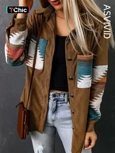 Women's Western Geometric Print Collared Button Front Corduroy Coat Jackets, Casual Pocket Long Sleeve Outerwear for Spring & Fall, Ladies Clothes for Daily Wear