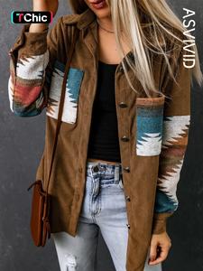 women's western geometric print collared button front corduroy coat, casual pocket long sleeve outerwear for fall, ladies clothes for daily wear, vintage tops