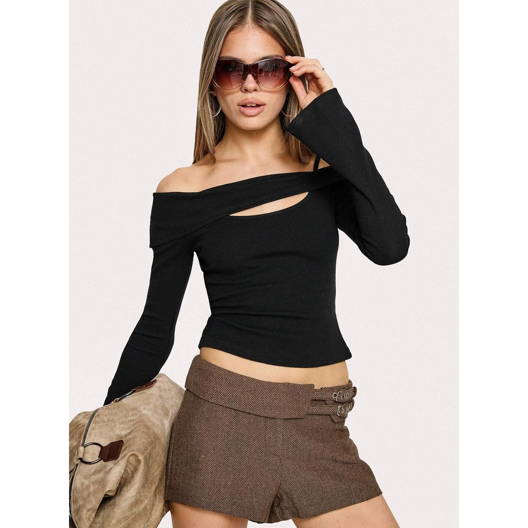 Elyana Layered Cut Out Long Sleeve Top Black