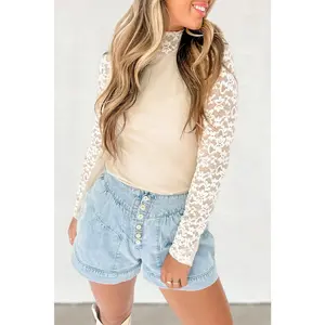 Gefevoqe Women's Lady Beige Floral Lace Patchwork High-Neck Long-Sleeve Slim-Fitting Elegant Blouse - Comfortable Solid-Element Top for Summer Casual & Formal Wear