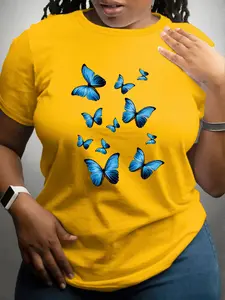 Women's Plus Size Butterfly Print Round Neck T-Shirt, Casual Fitted Short Sleeve Top, Spring Summer Fashion, Letter Pattern