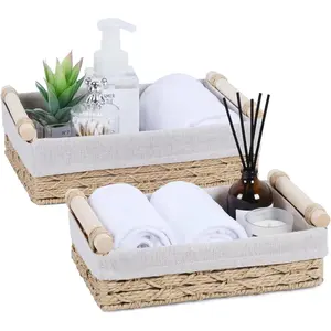 Wicker Storage Basket with Wooden Handle, 2 Pack Beige - Paper Rope Decorative Storage Organizer for Bathroom Toilet Tank Top Shelves Bedroom Countertop Home Office