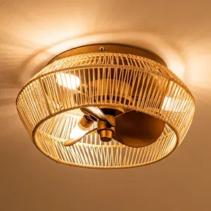 PARROT UNCLE 14" Farmhouse DC Motor Indoor Flush Mount Reversible Iron Ceiling Fan with LED Lighting & Cage Design for Industrial Retro Country Style