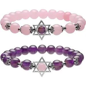 2pcs Natural Semi Precious Gemstone Amethyst Rose Quartz Crystal Bracelets Set Handmade Healing Stone Beads Beaded Stretch Bracelet for Women