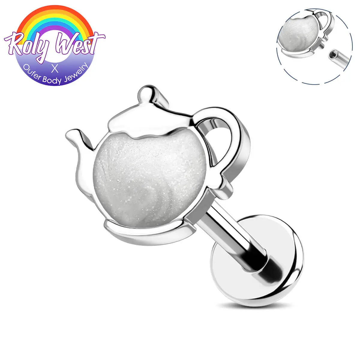 OUFER BODY JEWELRY x Roly 16G Enamel Teapot & Teacup Cartilage Helix Piercing Stud, 316L Stainless Steel Internally Threaded Labret Jewelry