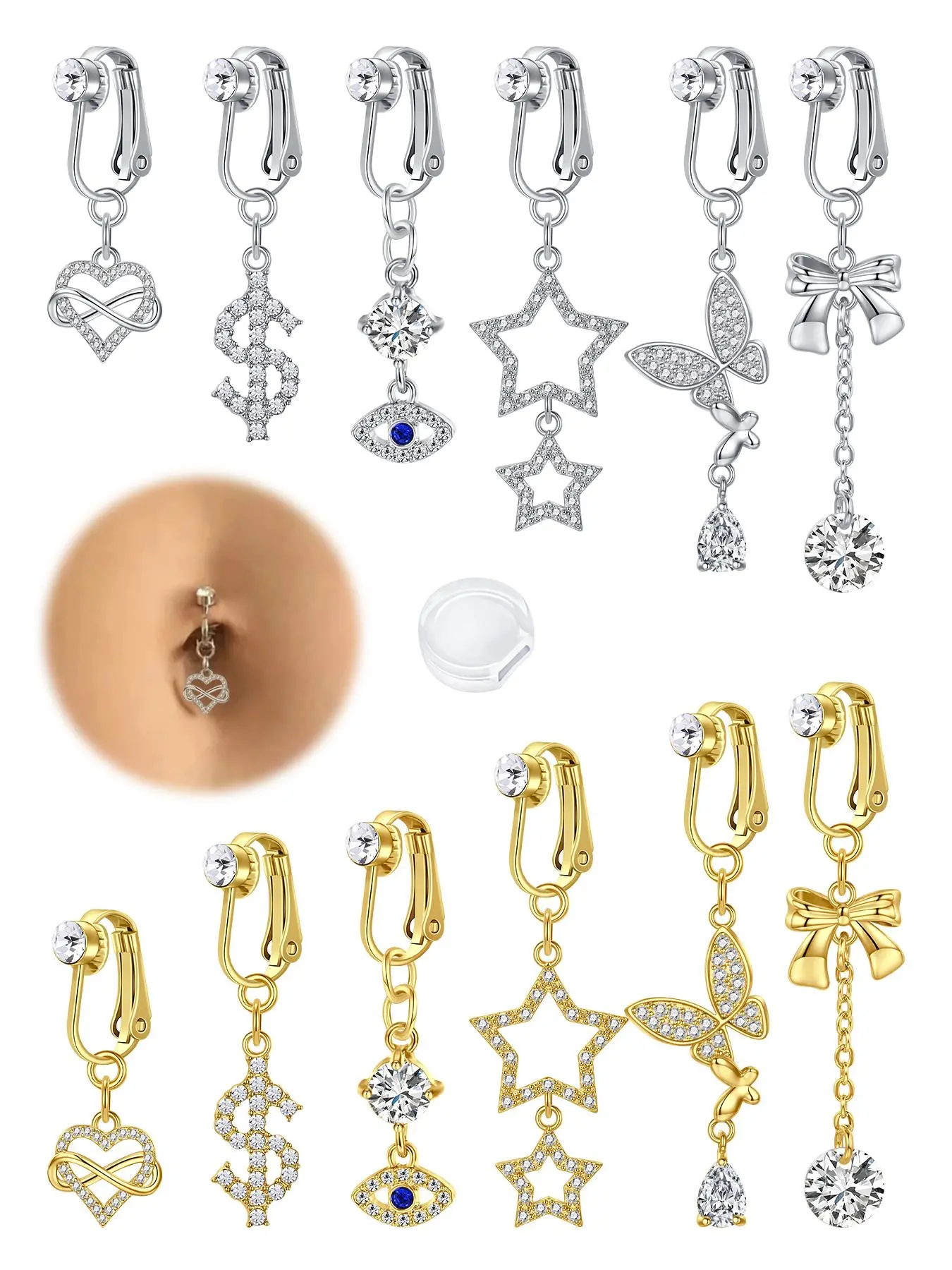 Fashion Faux Belly Button Piercing, Heart Star Evil Eyes Clip on Belly Button Rings, Non Piercing Belly Rings, Fake Belly Rings, Body Jewelry, Stainless Steel Faux Navel Jewelry