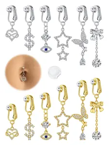 Fashion Faux Belly Button Piercing for Women, Heart Star Evil Eyes Clip on Belly Button Rings, Dangle Butterfly Non Piercing Belly Rings, Stainless Steel Faux Navel Jewelry