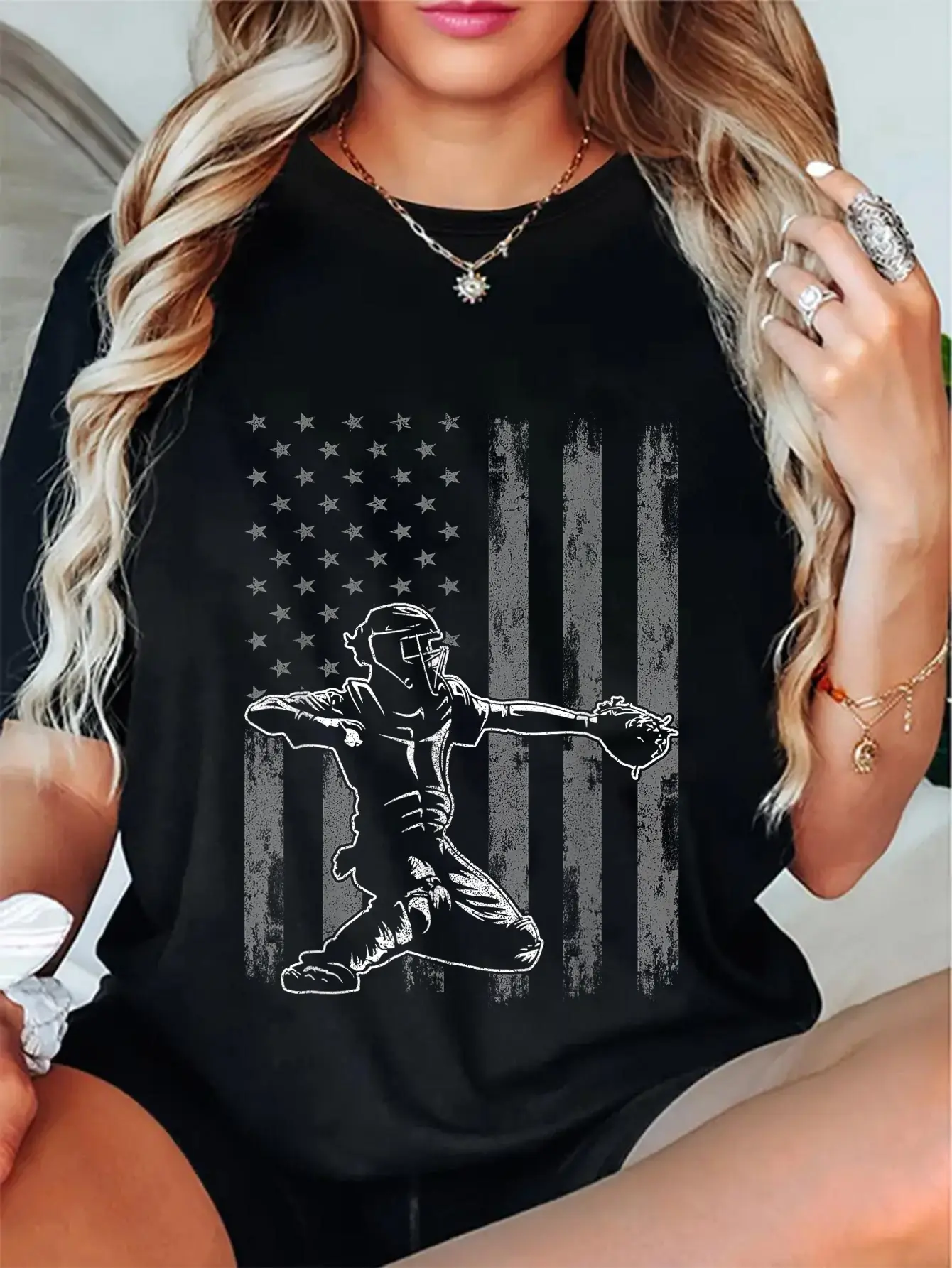 100% Cotton Unisex Baseball Catcher Shirt For Boys Men, Baseball USA Flag T-Shirt