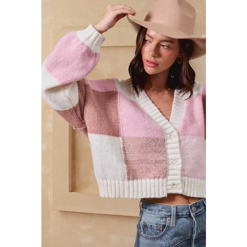 Colorblock Checkered Cardigan - Mauve Multi
