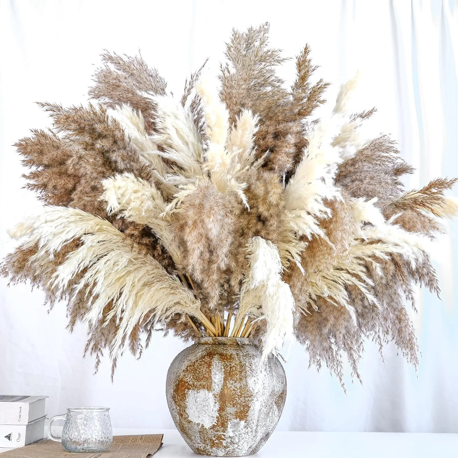 20 count Dried Flower, 30-inch Tall Nature Pampas Grass Bouquet Decor - Boho  and Feathers for Centerpieces,  for Tall Floor Vase Fillers, Living Room, and Wedding Decor(White, )