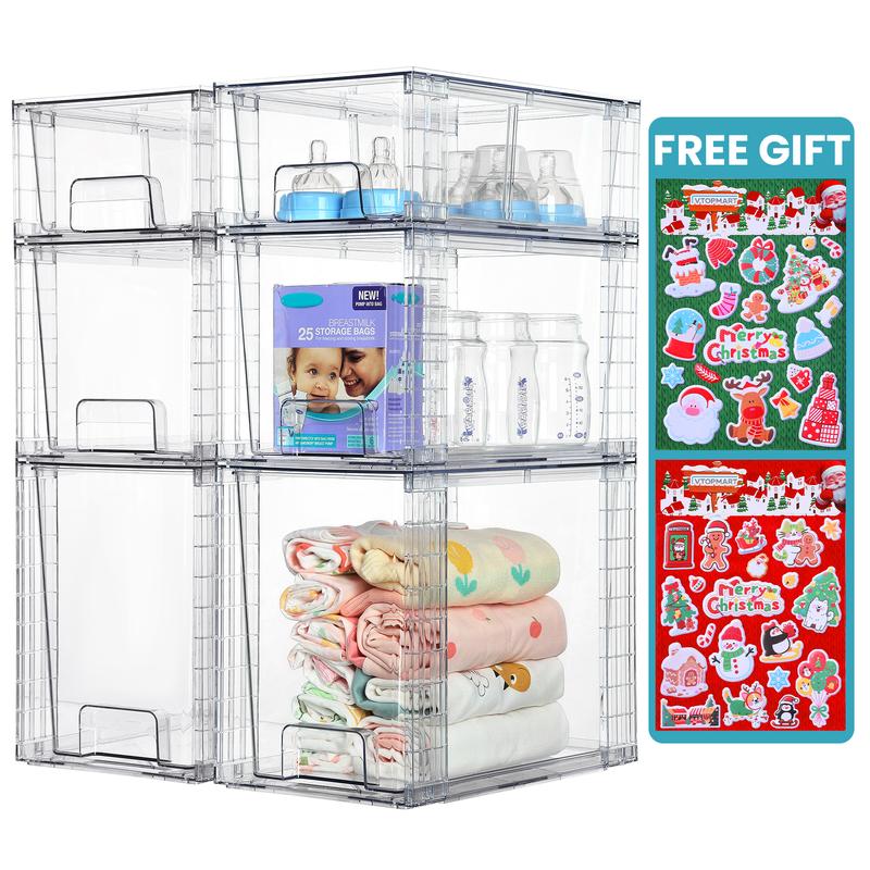 【New Year Hauls】VTOPMART 6 Pack Stackable Clear Drawer Organizer for Organizering Nursing Bottles,Candy,Snacks,Makeup,Cosmetics,Tampons,Medicines,Pantry,Under Sink,Closet,Bathroom, with Free Stickers