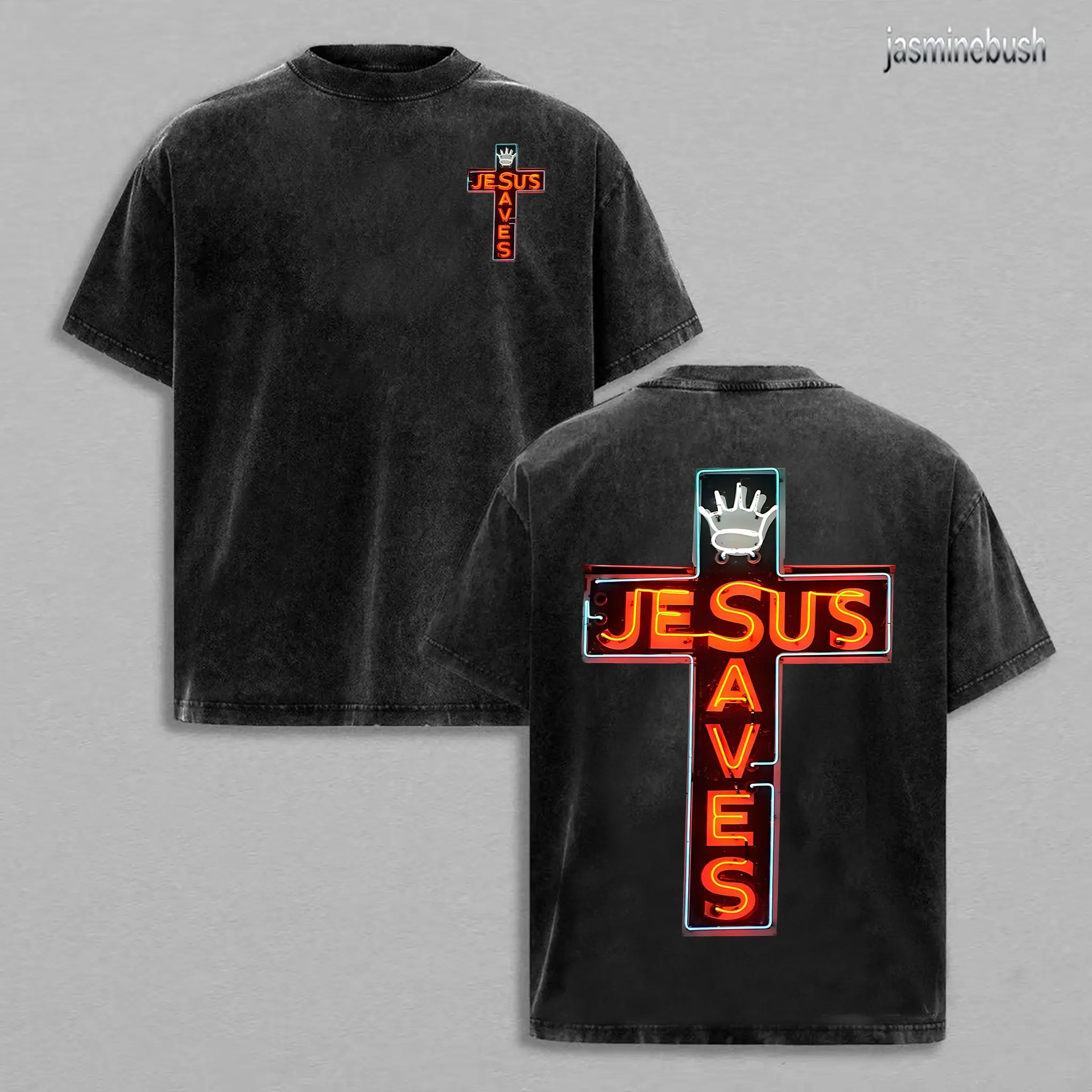 Soft Washed Cotton 'Jesus Saves' Graphic T-shirt, Unisex Vintage Streetwear Top with a Casual Slim Fit Shortsleeve Design, Tshirt, Garment Dyed, Round Neck