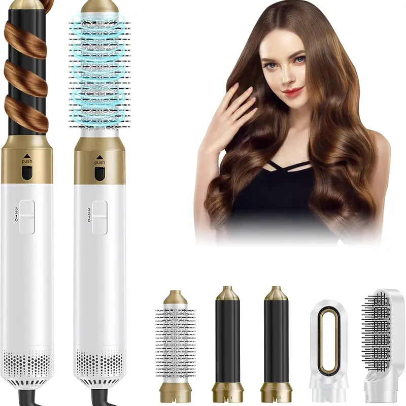 5-in-1 Blow Dryer Brush with 5-in-1 Functionality - Upgraded Negative Ion Hot Air Brush for Any Hair Type, Aging Hair Care, Drying, Straightening, Curling, Bouncy Curls & At-Home Blowouts (Detachable Head, Air Curler & Styler)