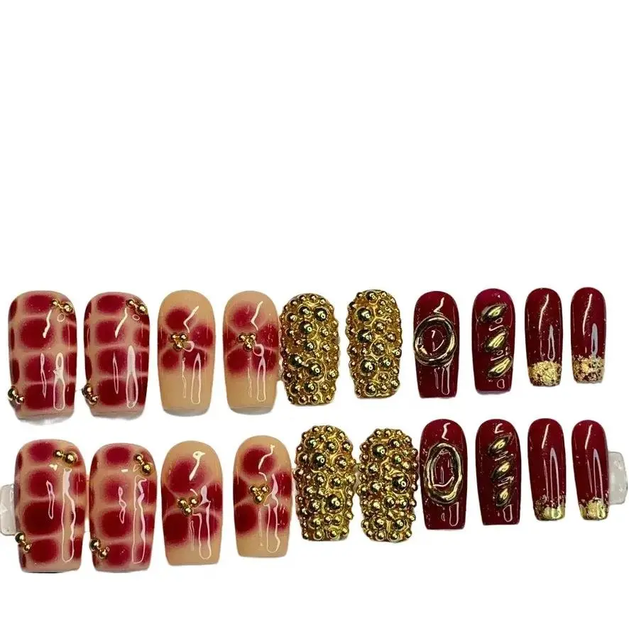 Digi Dripp Nails Gold Pearls 20 pc Press On Nail Set with Gel/Hard Polish Ingredients Square-Shaped Medium Length Nails for Adults