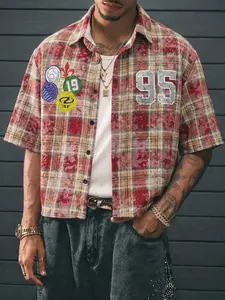 Men's Vintage Plaid Badge & "95" Print Short Sleeve Shirt, American College Style Casual Overshirt, Perfect for Daily Wear & Street Style #springsaledeals2026 #summeroutfits #tiktokshopmademebuyit #plaidshirt