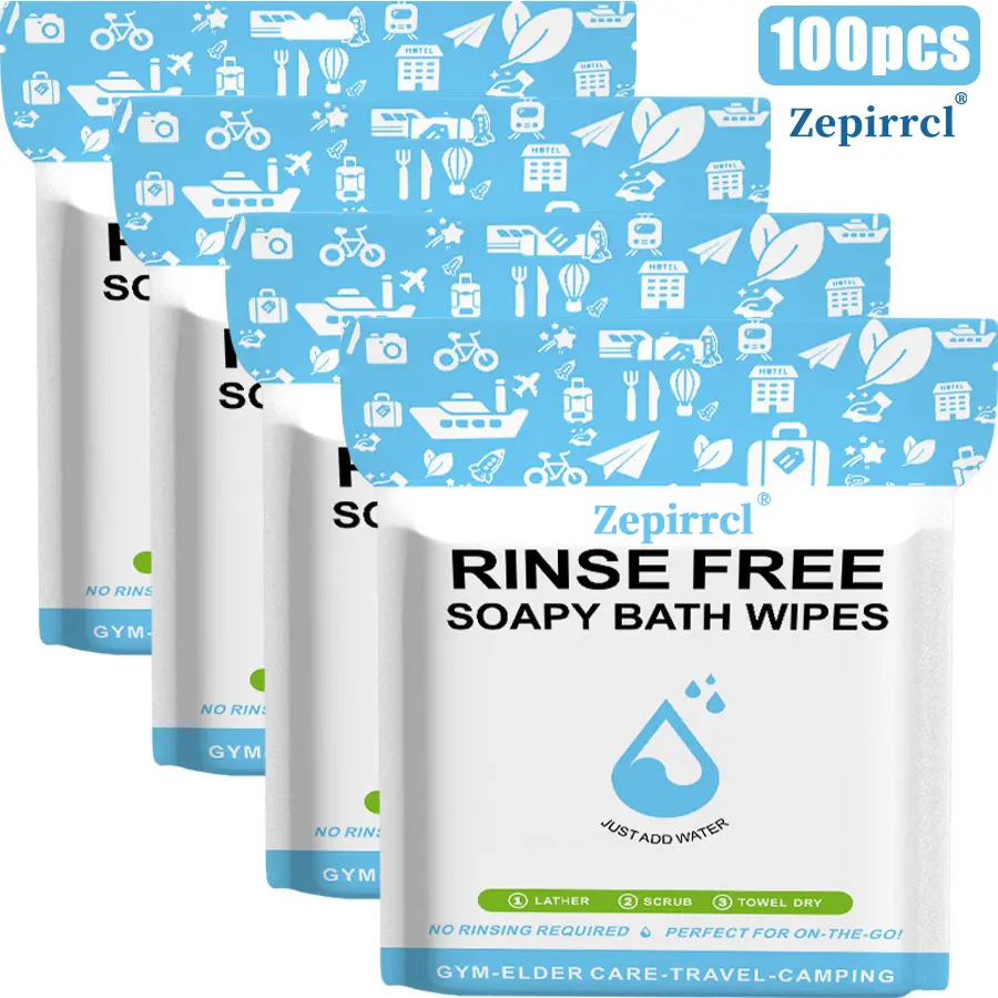 100pcs Disposable No-Rinse Bath & Cleansing Towels. Quickly clean your body without rinsing or showering. Ideal for elderly care, travel, outdoor activities, camping, swimming, fitness and outdoor work. Convenient bathing essential, 25 pieces per pack.