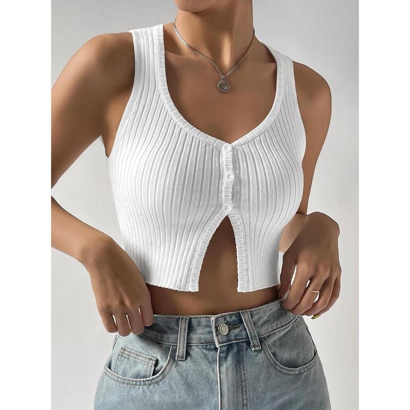Women's Button Front Ribbed Knit Crop Tank Top Scoop Neck Sleeveless Casual Plain Crop Top Womenswear Bridal Short Basic Minimalist Skinny Slim Vneck White babydoll tops tubetops summer tops crop tops weighted vests women