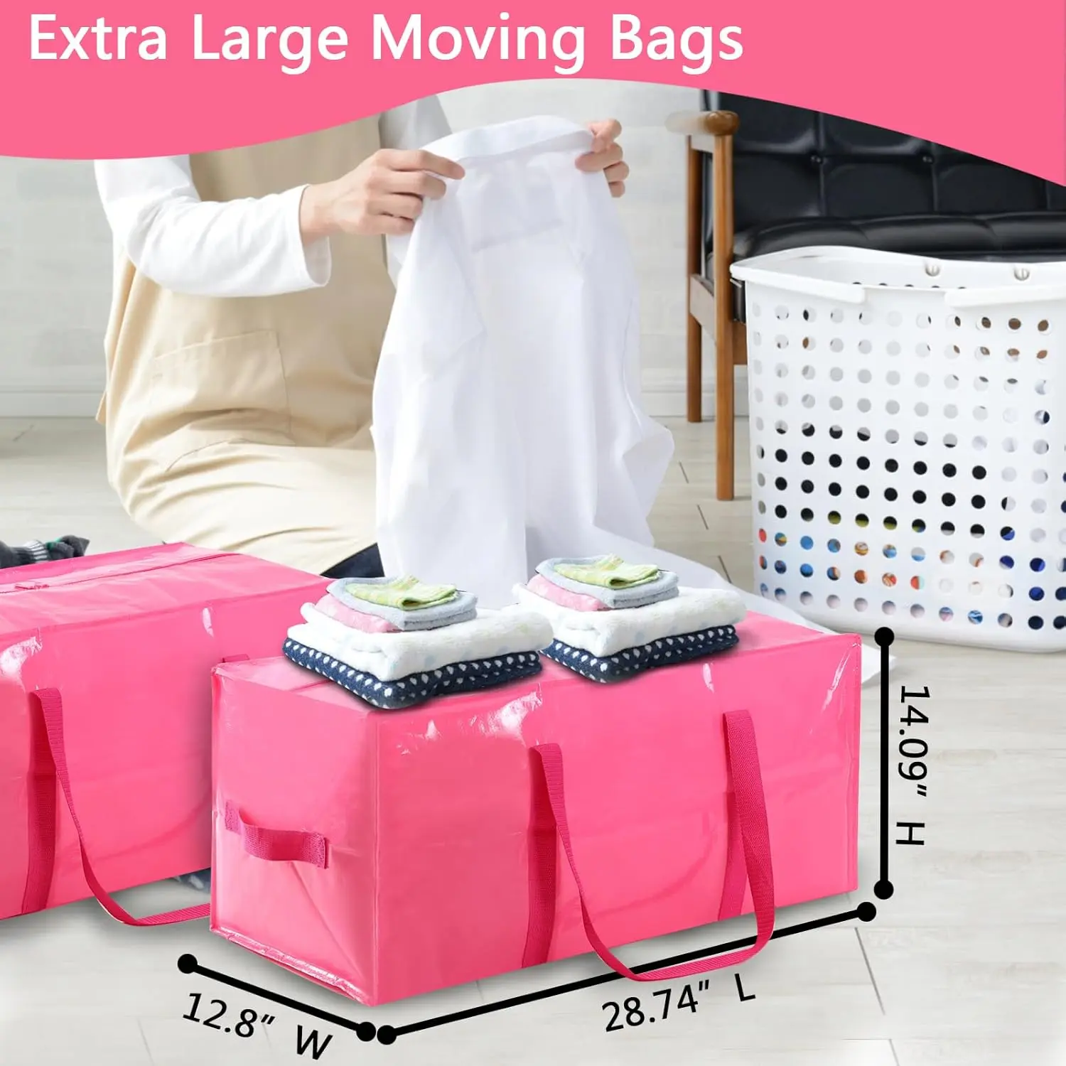 Extra Large Polypropylene Moving & Camping Storage Bags with Strong Zippers, Reinforced Handles, and Lids (Pink, 4 Packs), With Lid