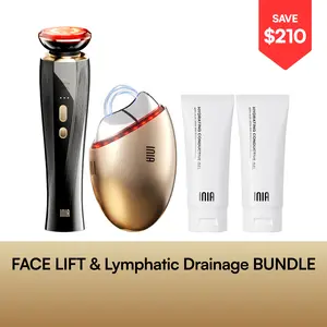 INIA GLACE & FLARE Bundle – All-in-1 Face & Neck Sculpting Beauty Device for Lymphatic Drainage with Microcurrent Lifting, Lift, Tighten, De-Puff, Serum Infusion, Red & Blue Light, Thermal & Cryo Therapy, Buy 1 Get 4, Ideal Gift Set