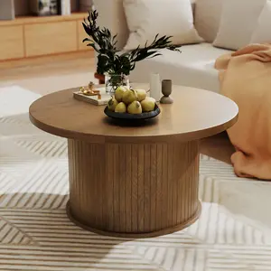 31.5" Fluted Round Coffee Table for Living Room, Mid-Century Modern Wood Tambour Design, Storage & No-Storage Options