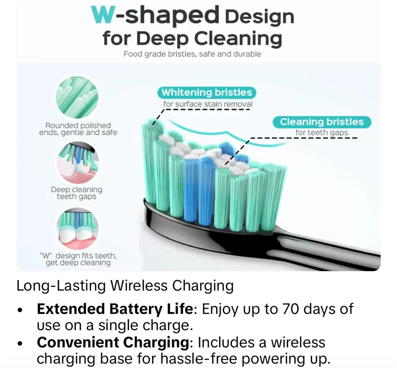 6 Replacement Brush Heads Electric Toothbrush with 47,000 VPM and 10x Cleaning Power - Cleansing, Wireless Charging, IPX Waterproof