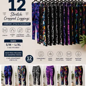 Women's Stretch Cropped Leggings, 12-Piece Assorted Pack with Breathable Fabric, Available in S/M and L/XL Sizes
