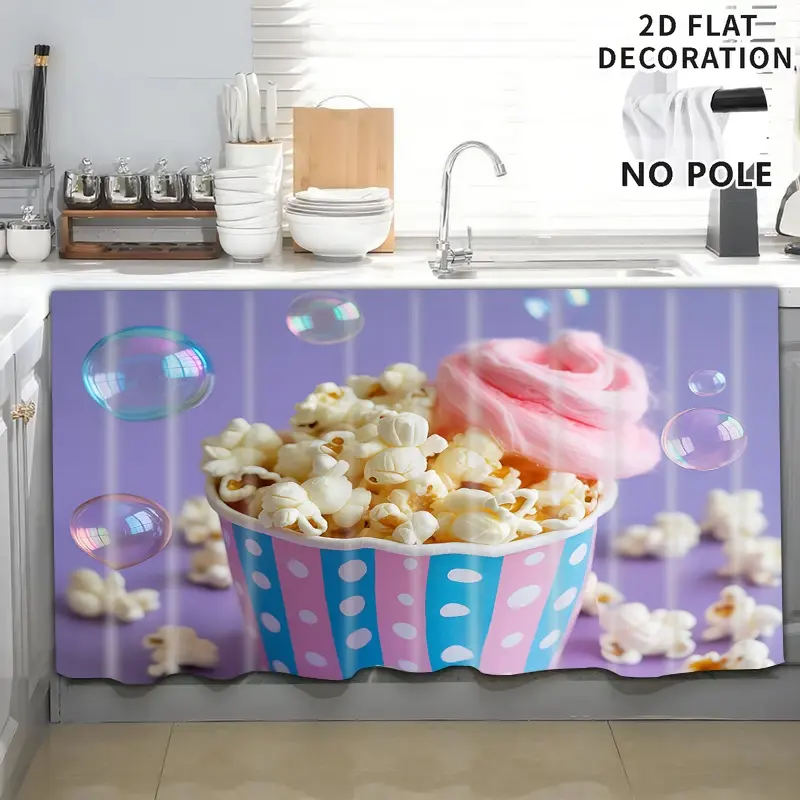 2D Flat Print 1pc,Popcorn with cotton candy and bubbles,Kitchen Utensil Print Curtain-Translucent Rod Pocket Design, Machine Washable Contemporary Art Decor for Kitchen,Living Room,Light Filtering Privacy,Light Filtering Drapes