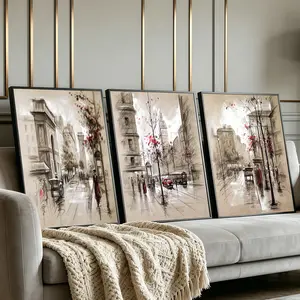 3Pcs PS Frame Art Painting, Vintage Cityscape Street Scene With People And Car Artwork, Modern Frame, Home Decor For Living Room, Bedroom, Office, Hallway Wall Decor, Odorless Print Artwork, Luxury Perfect Gift For Friends And Family
