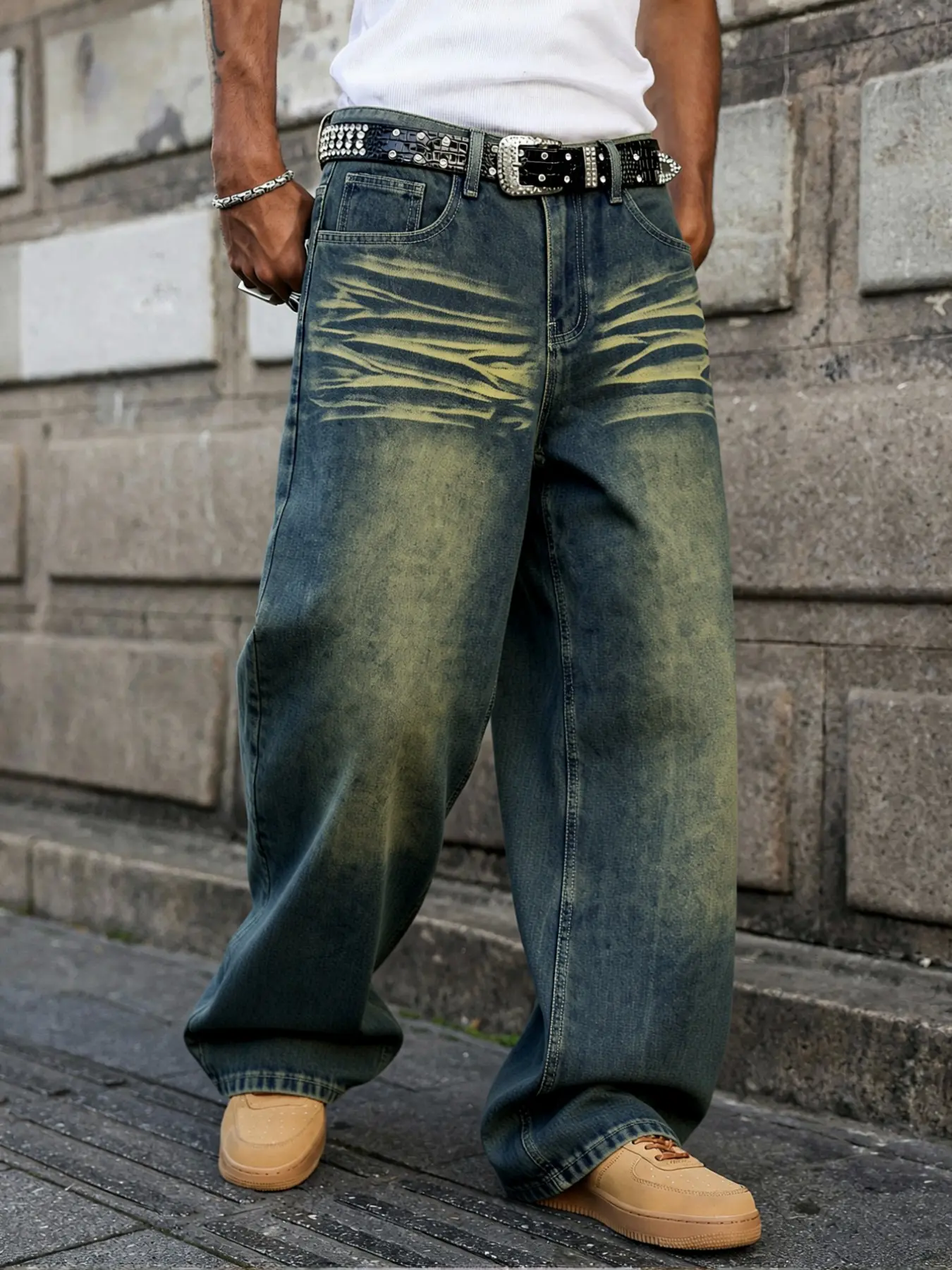 Men's loose wide-leg retro washed and distressed Y2K Denim jeans, Ripped casual jeans, high-street casual Streetwear street style long pants, comfortable versatile bottoms with Pocket, suitable for daily casual wear, essential men's long pants