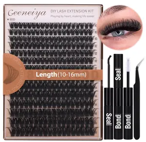 Geeneiya Volume Lash Clusters Kit DIY Lash Extension Kit D Curl Eyelash Extensions with Waterproof Lash Bond and Seal Waterproof Tweezers,10-16MM Cluster Lashes 300Pcs