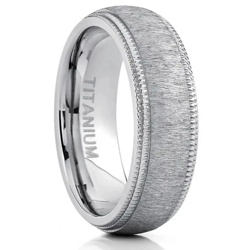 Men's Hypoallergenic Titanium Dome Wedding Band, 7MM, Hairline Ground Brushed Finish, Comfort-Fit, Textured Center Dome Ring, Dome Rings