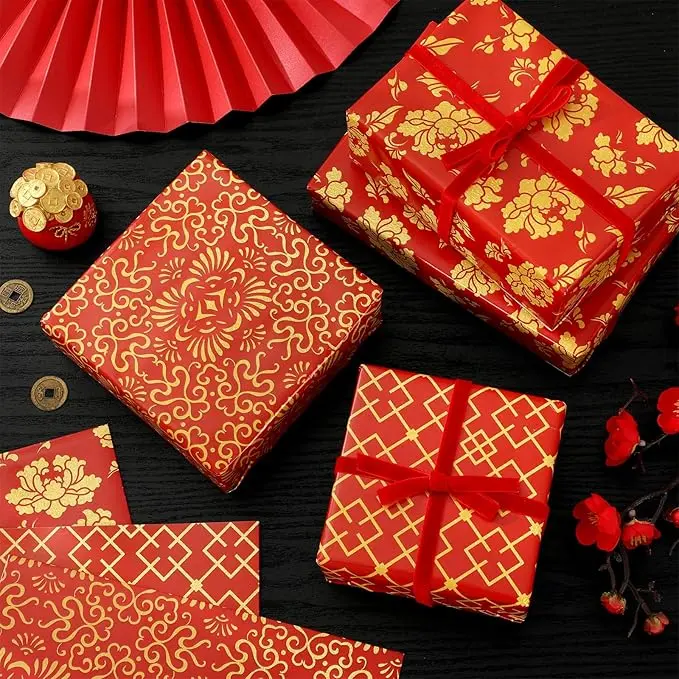 6 Sheets Chinese New Year Wrapping Paper -Not Roll- Red Gold Gift Wrap Paper Folded Flat DIY Art Craft Paper for Spring Festival Party Packaging, 39.4 x 27.6 Inch