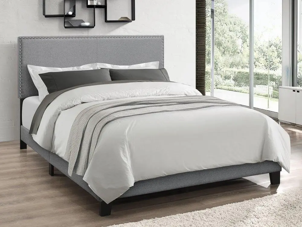 Favorer Ace Framed Upholstered Panel Bed Frame with Nailhead Trim, Gray Minimalist Platform Bed with Center Support Leg - Available in Twin, Full, Queen, King Sizes for Transitional Home Decor