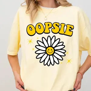 Oopsie Daisy, Womens Shirt, Comfort Colors Tee, Everyday Graphic, Summer Shirt,"Oopsie" Smiley Daisy Retro Bubble Font Graphic T-Shirt, Yellow Washed Y2K Aesthetic Oversized Tee