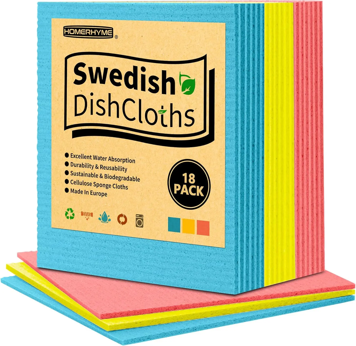 18-Pack Cotton Swedish Dishcloths, Absorbent Non-Scratch Cellulose Kitchen Cleaning Wipes, Biodegradable Washable Reusable Alternatives to Paper Towels