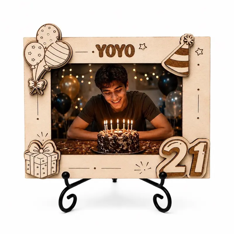 Personalized Aluminum Birthday Photo Print with Engraved Wood Frame