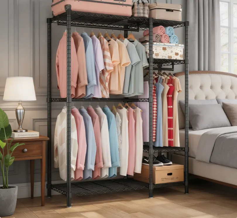 Heavy Duty Steel Wardrobe Storage Armoire Wardrobe Closet Cabinet - Freestanding, Portable Metal Organizer with 6 Adjustable Wire Shelves, 3 Rail Hanging for Bedroom, Laundry Room, Wardrobe Cabinet, Adjustable Shelves