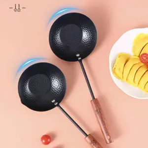 1pc Japanese Oil Drizzle Iron Pan for Cooking, Wooden Handle Egg Spoon, Non-Coated Long Handle Stir Fry Spoon, Kitchen Utensils Set